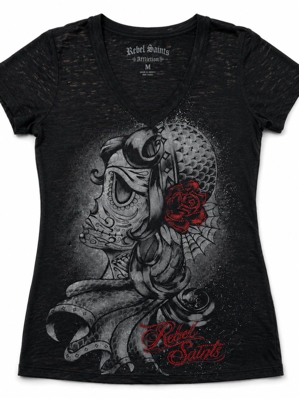 Affliction Women's Black V-Neck Graphic Tee with Red Rose Accent
